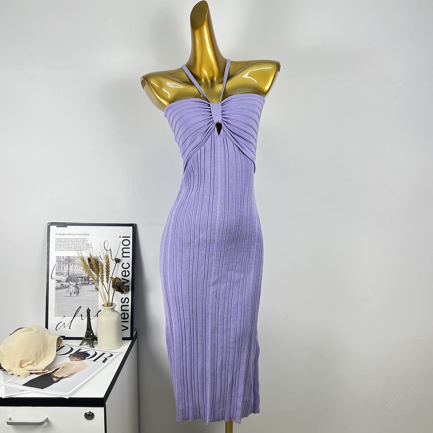 夏季辣妹挂脖针织包臀连衣裙