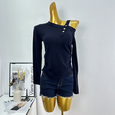 斜肩长袖上衣女春秋新款