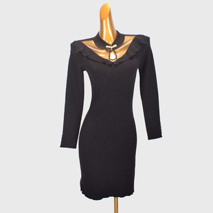 法式半高领针织连衣裙女春秋新款网纱拼接内搭修身亮丝黑色包臀裙