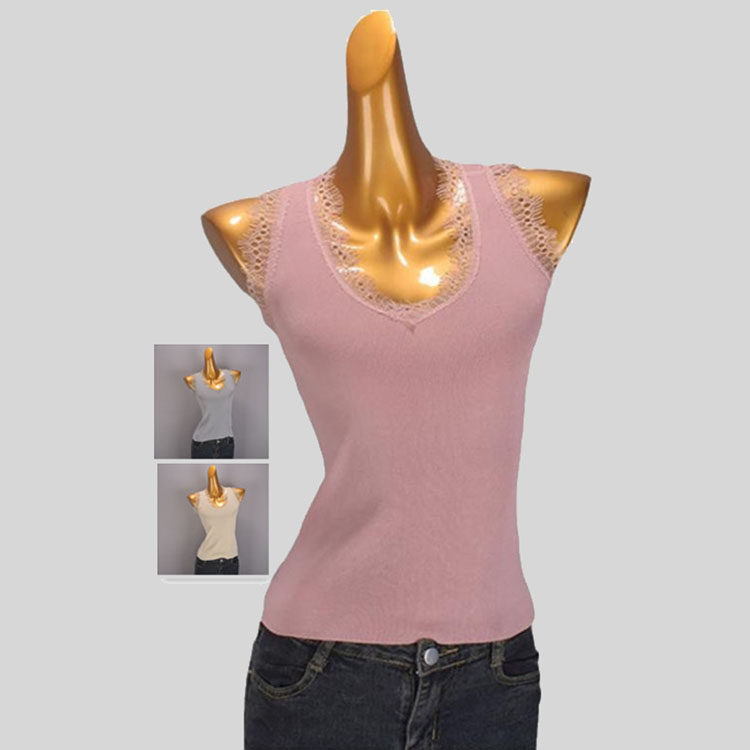 夏季新款冰丝针织吊带背心女外穿修身短款内搭蕾丝拼接无袖上衣薄