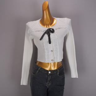 外贸原单白色长袖针织开衫女装秋季新款修身显瘦法式短款上衣韩系