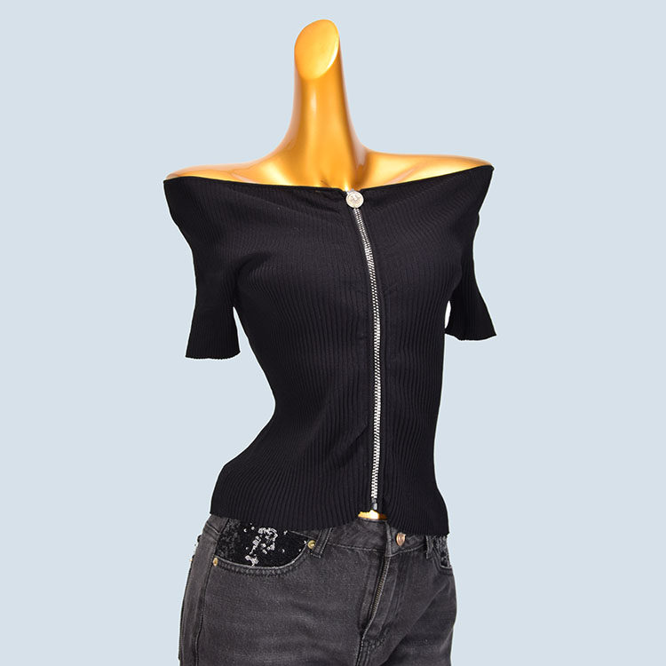 辣妹气质黑色拉链一字肩短款上衣女夏季设计感修身显瘦短袖打底衫