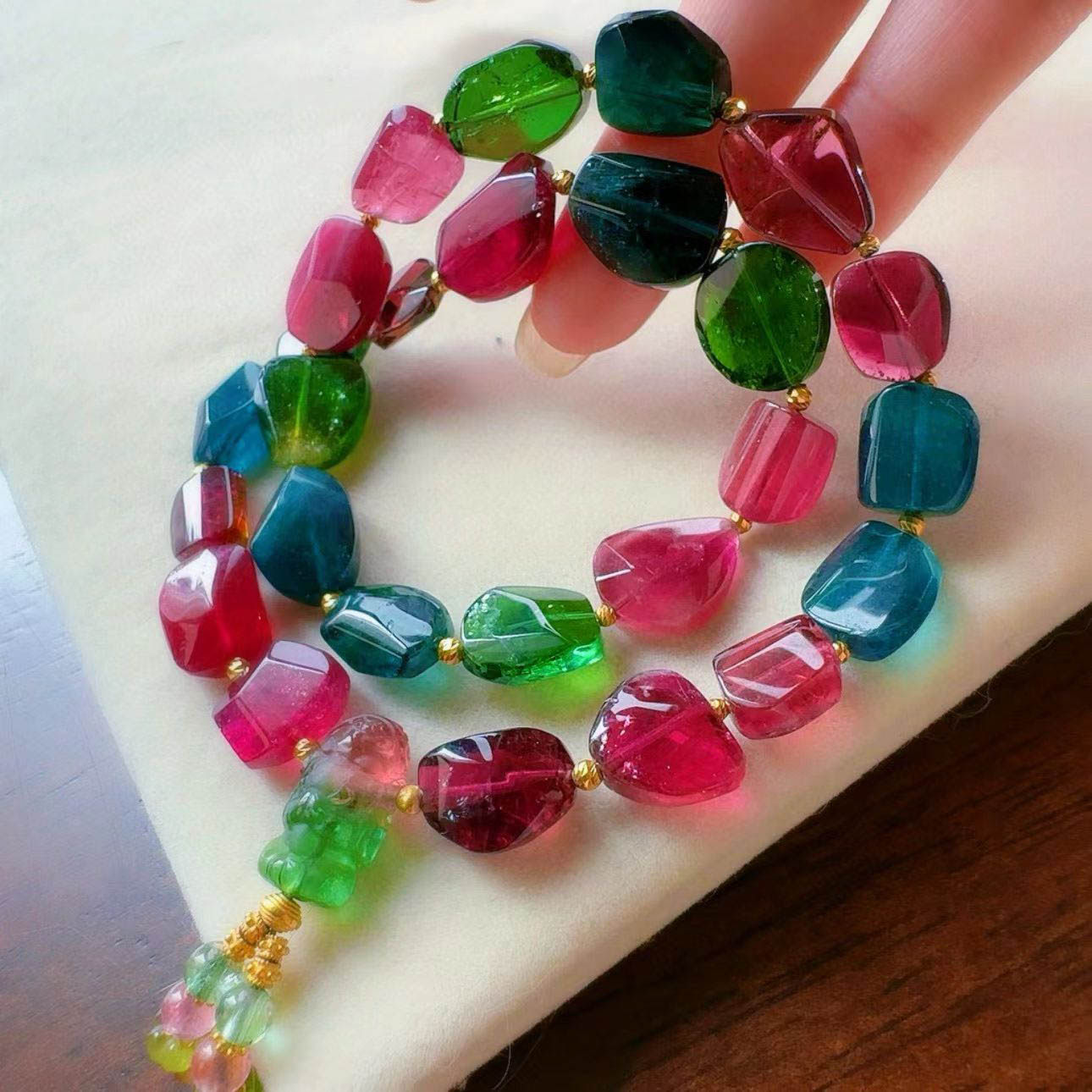 魅晶天然水晶碧玺原石双圈手链