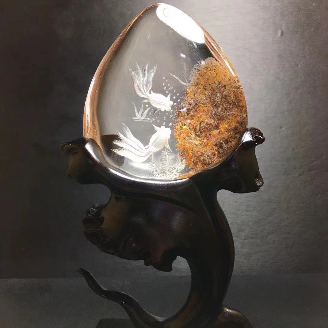 魅晶天然原矿水晶晶体通透彩幽灵红幽灵黄幽灵内雕金玉满堂小摆件