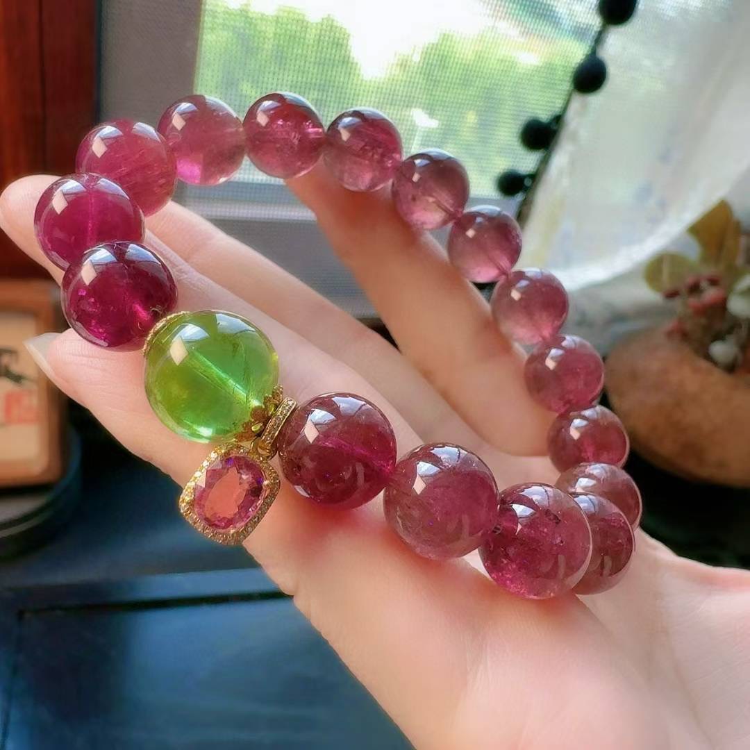 魅晶天然水晶晶体通透玫丽色全红碧玺手链