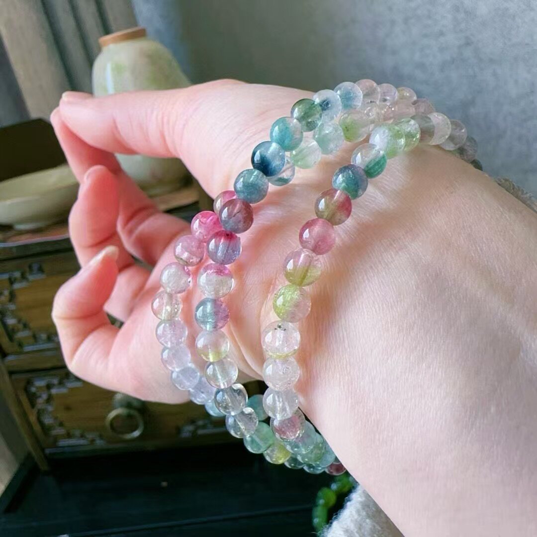 魅晶天然水晶晶体通透粉蓝绿西瓜佛珠多圈手链