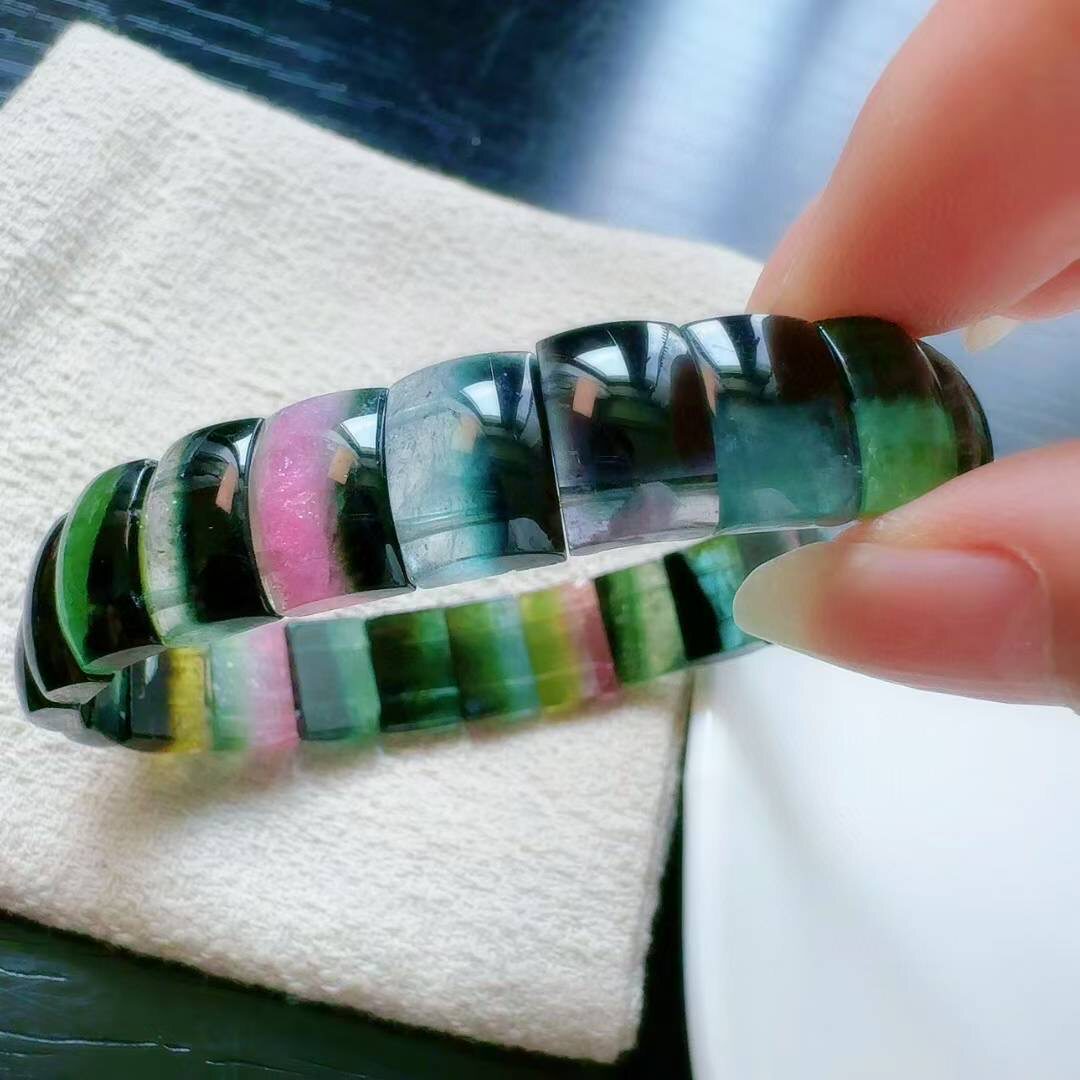 魅晶天然水晶晶体通透蓝绿调多彩西瓜碧玺手牌手链