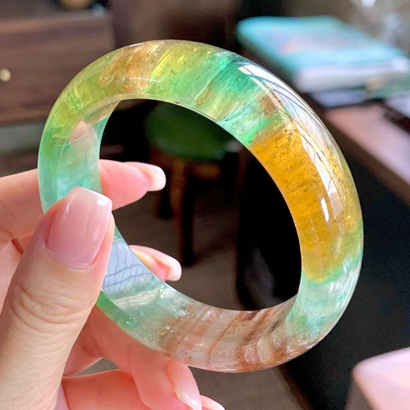 魅晶天然水晶晶体通透金丝雀柠檬黄绿碧玺手镯