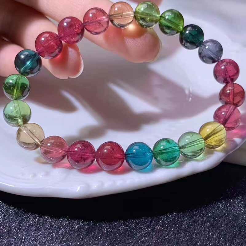 魅晶天然多彩糖果色碧玺手链巴西老料彩虹玻璃体碧玺圆珠单圈手串