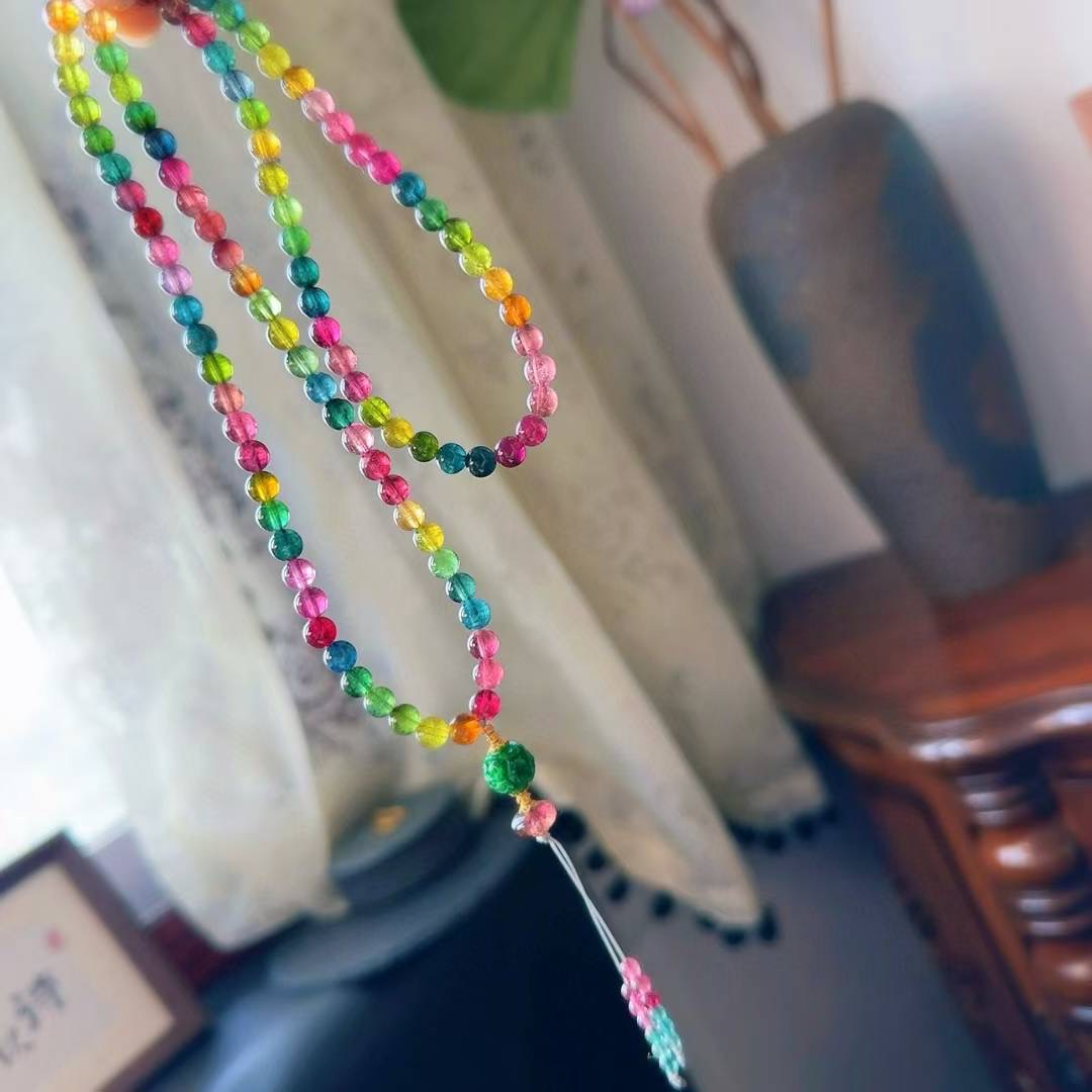 魅晶天然水晶晶体通透艳丽彩虹碧玺多圈手链