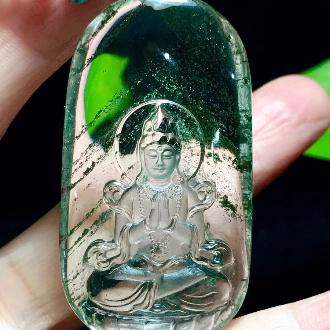 魅晶天然原矿水晶晶体通透千层银山绿幽灵裸石雕刻观音吊坠