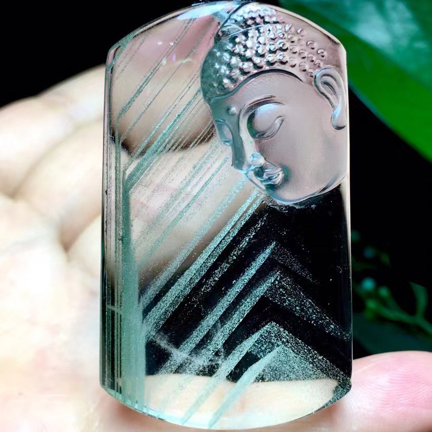 魅晶天然巴西水晶晶体通透千层绿幽灵雕刻如来佛吊坠