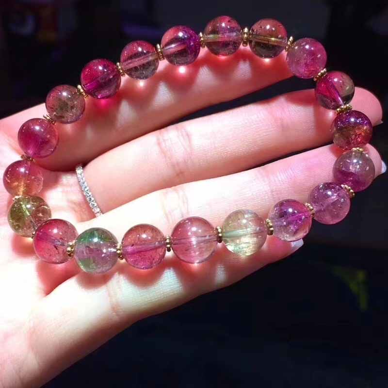 魅晶天然西瓜猫眼碧玺手链 玻璃体红绿双色猫眼西瓜碧玺手串手链
