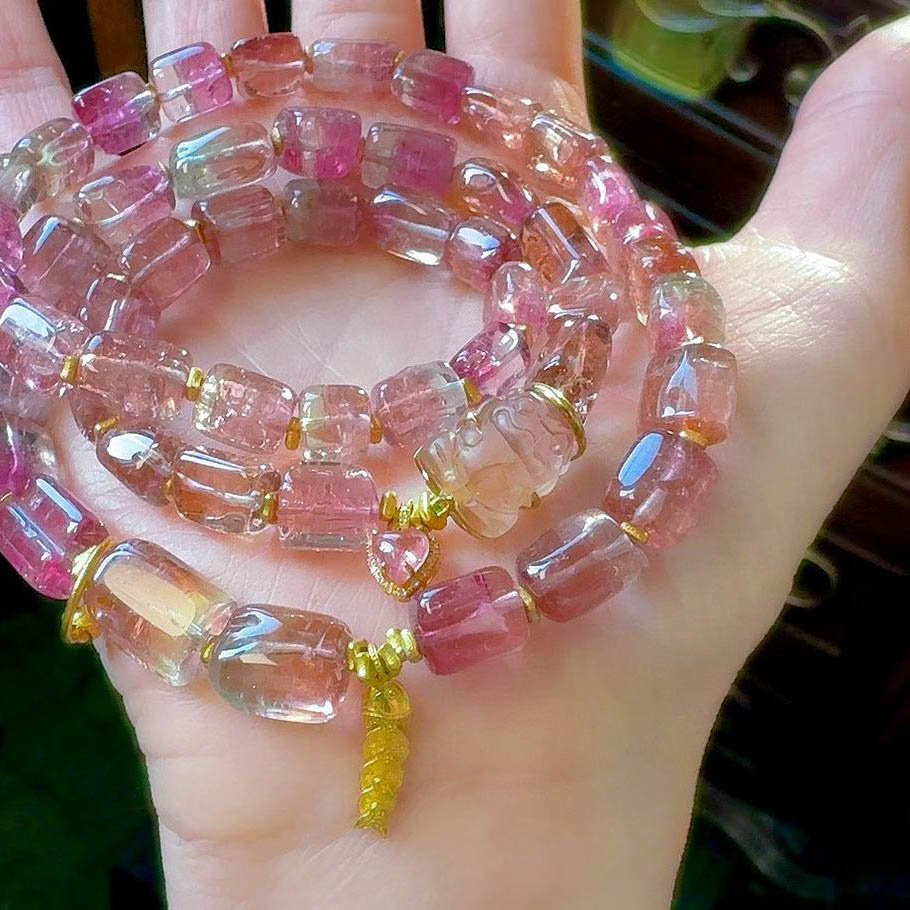 魅晶天然水晶芬达橘粉色碧玺项链