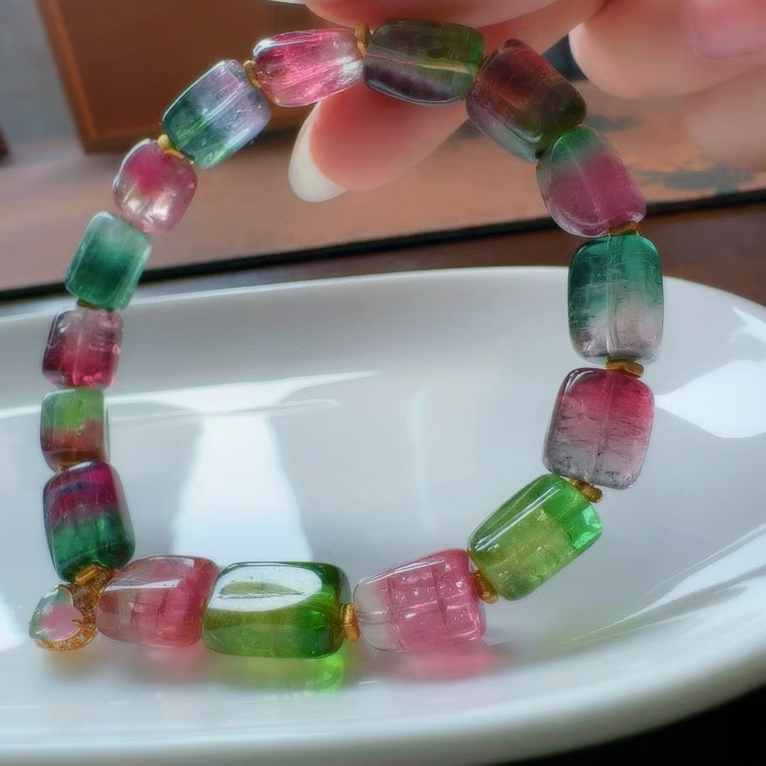 魅晶天然水晶晶体通透闪耀西瓜碧玺原石手链