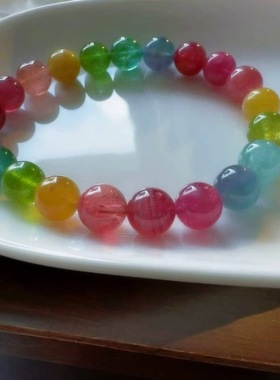 魅晶天然水晶晶体通透绚丽多彩碧玺彩虹手链