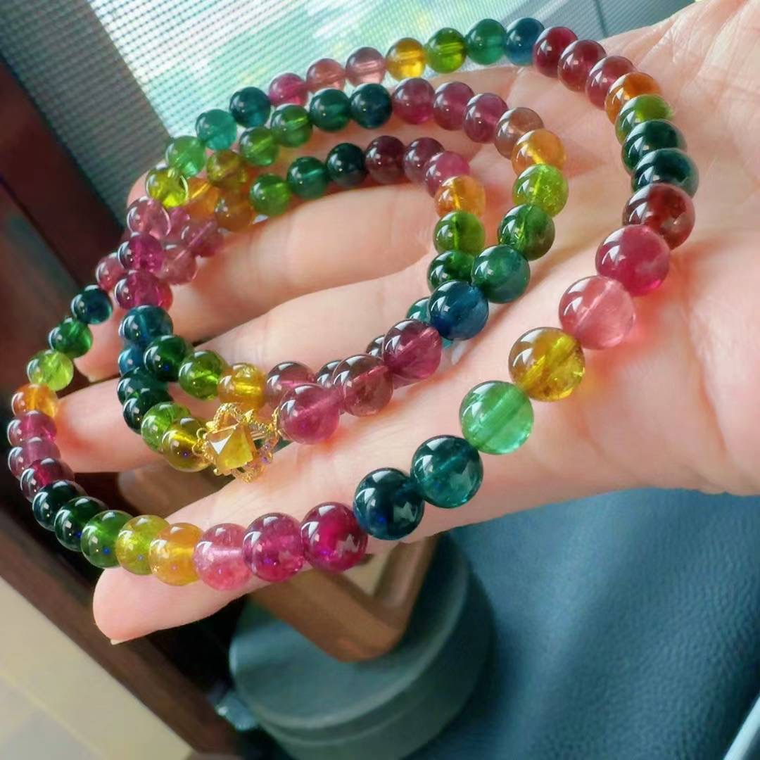 魅晶天然水晶晶体通透浓颜碧玺彩虹多圈手链