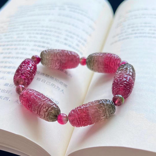 魅晶天然原矿戒面料晶体通透红绿西瓜回纹碧玺桶珠手链