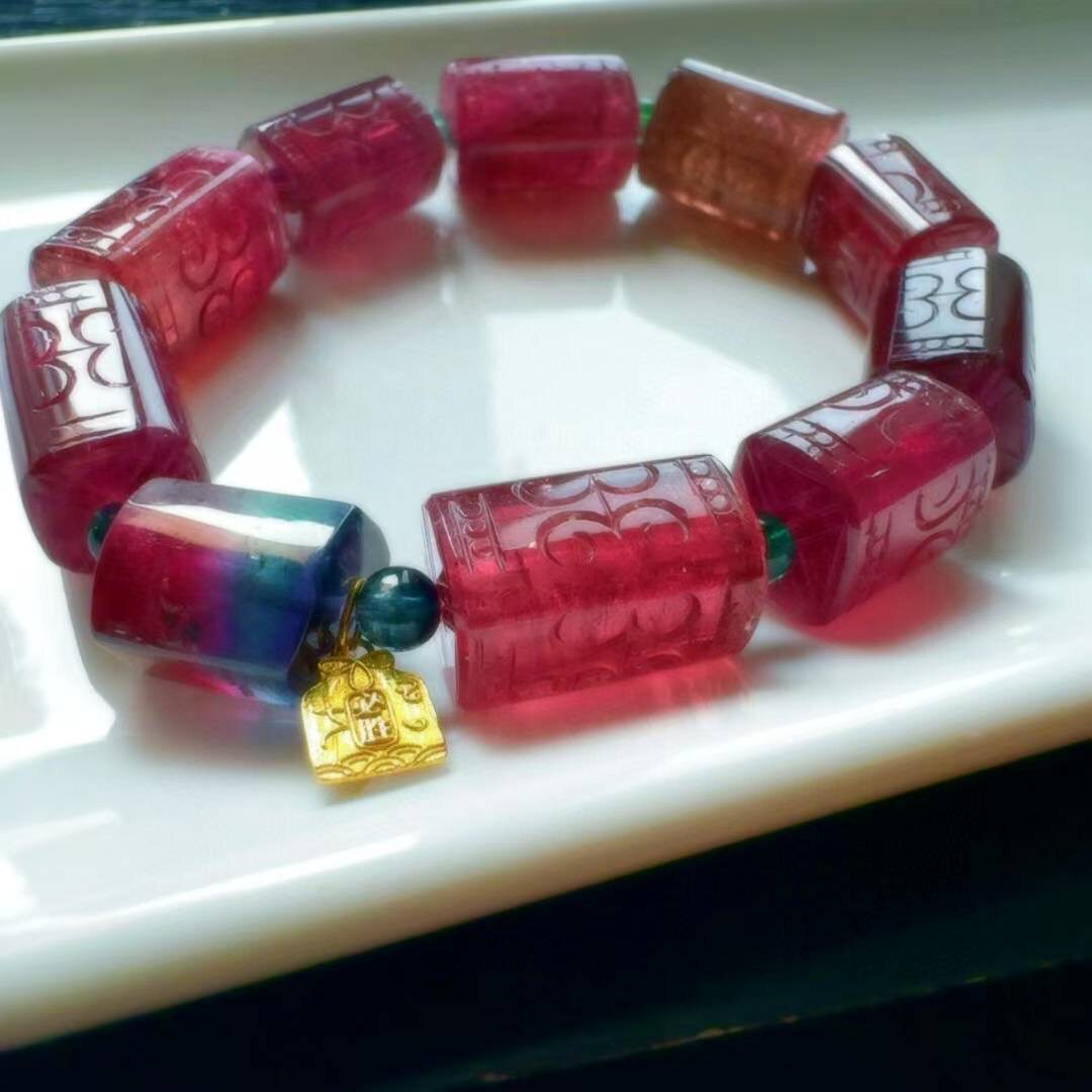 魅晶天然水晶晶体通透艳红碧玺雕刻回纹手链