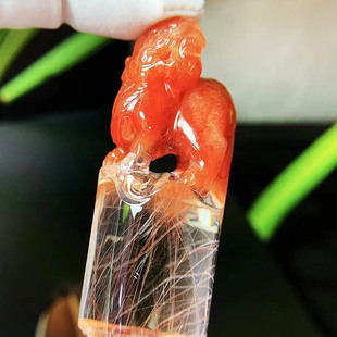 魅晶天然原矿水晶晶体通透红发晶俏色雕刻貔貅印章小摆件