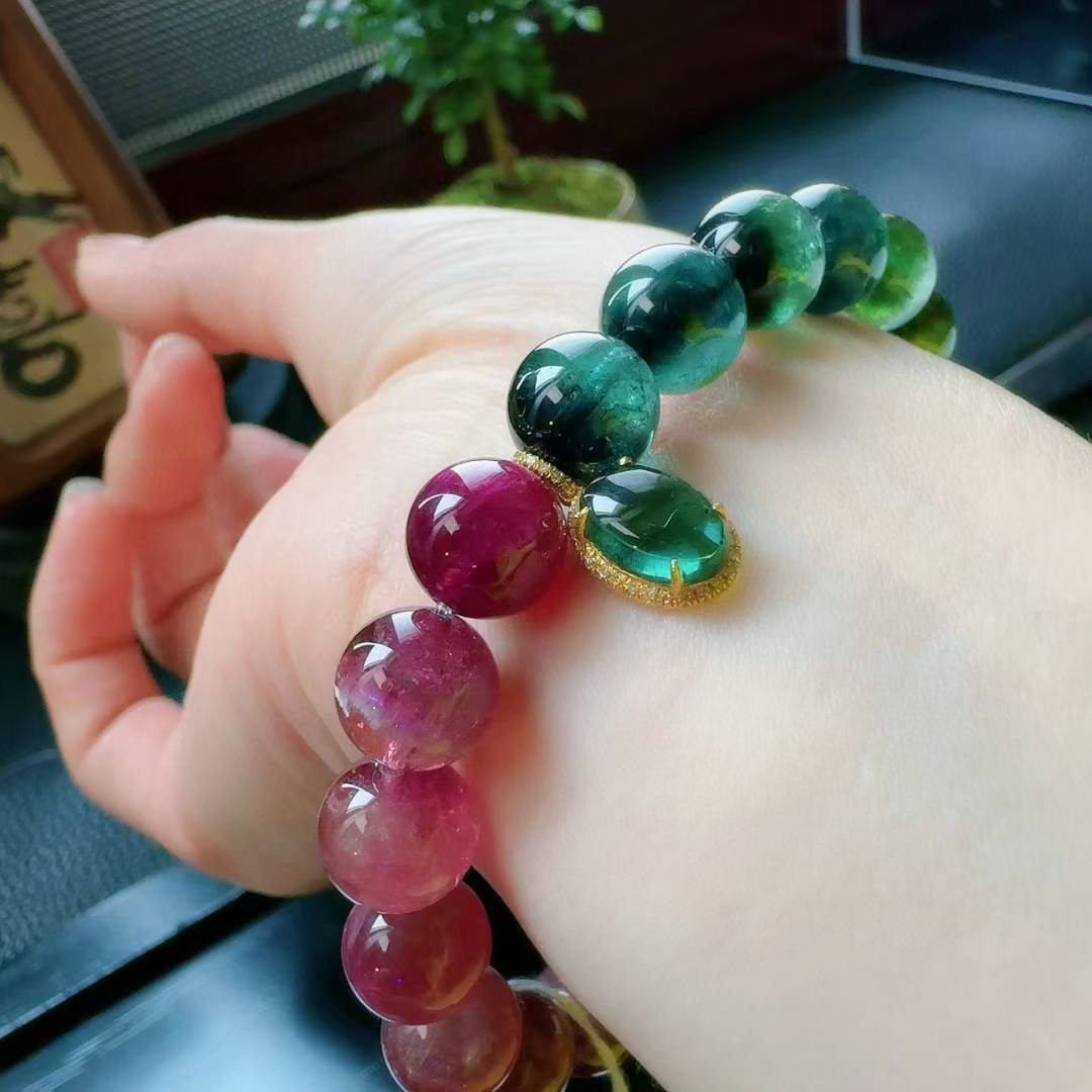 魅晶天然水晶晶体通透浓彩渐变西瓜碧玺手链