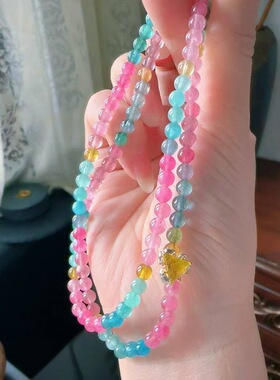 魅晶天然水晶晶体通透荧光色晶体通透粉蓝色系佛珠多圈手链