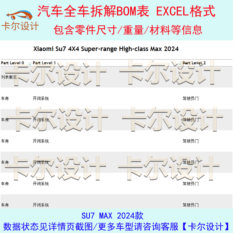 SU7 MAX 2024款全车拆解BOM表格EXCEL格式