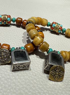 藏传念珠天然牦牛骨桶珠手串嘎乌黄财神吊坠佛珠手串新中式珠宝