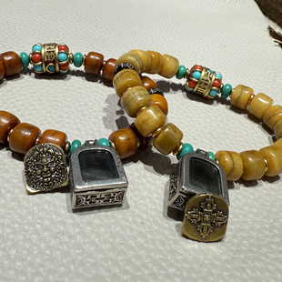 藏传念珠天然牦牛骨桶珠手串嘎乌黄财神吊坠佛珠手串新中式珠宝