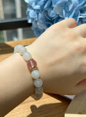 保天然和田玉浅藕粉手串女原创和田玉女士高档手串草莓晶手串女士
