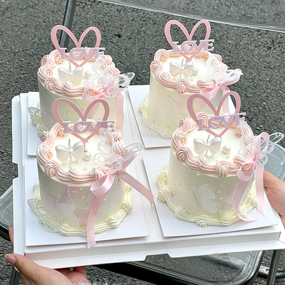 七夕情人节蛋糕装饰唯美爱心love亚克力插件告白蝴蝶丝带装扮摆件