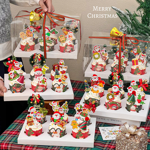 2025圣诞节纸杯蛋糕装 饰插牌圣诞老人雪人杯子礼盒草圈铃铛插件