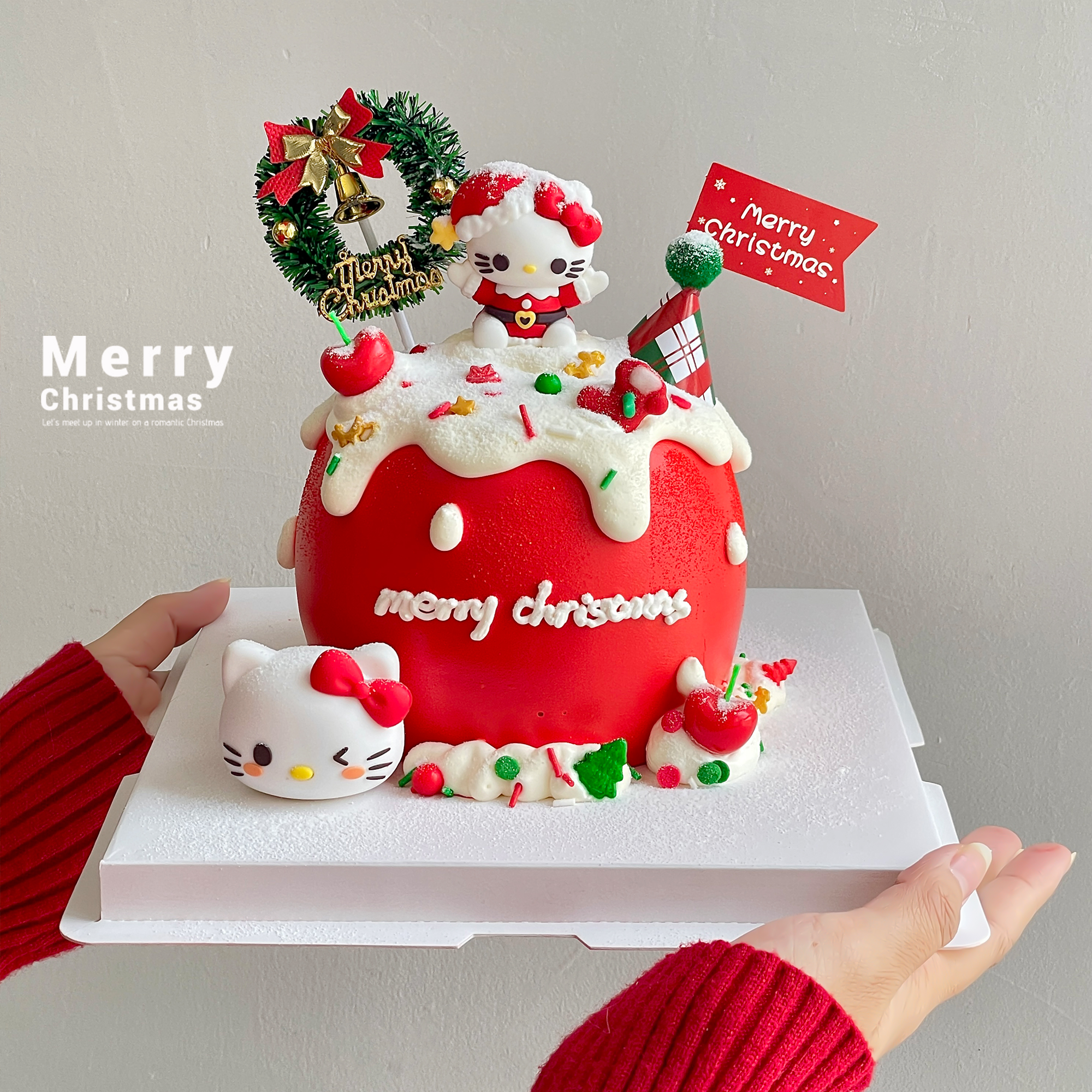 2025圣诞节蛋糕装饰可爱卡通kt猫摆件草圈圣诞快乐小旗子烘焙插件