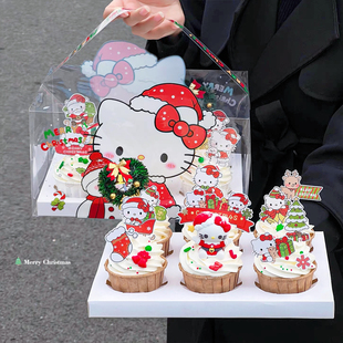 2025圣诞节快乐6粒纸杯蛋糕盒卡通KT猫蛋糕装饰插件手提包装盒子