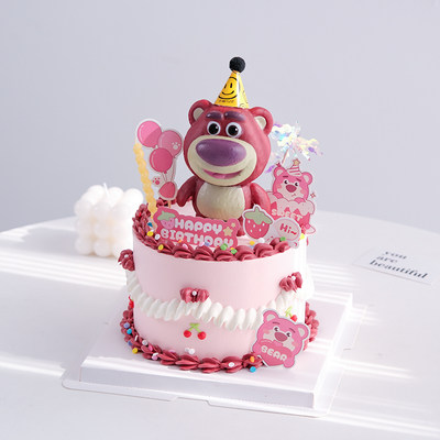 网红粉色熊生日蛋糕装饰摆件插牌