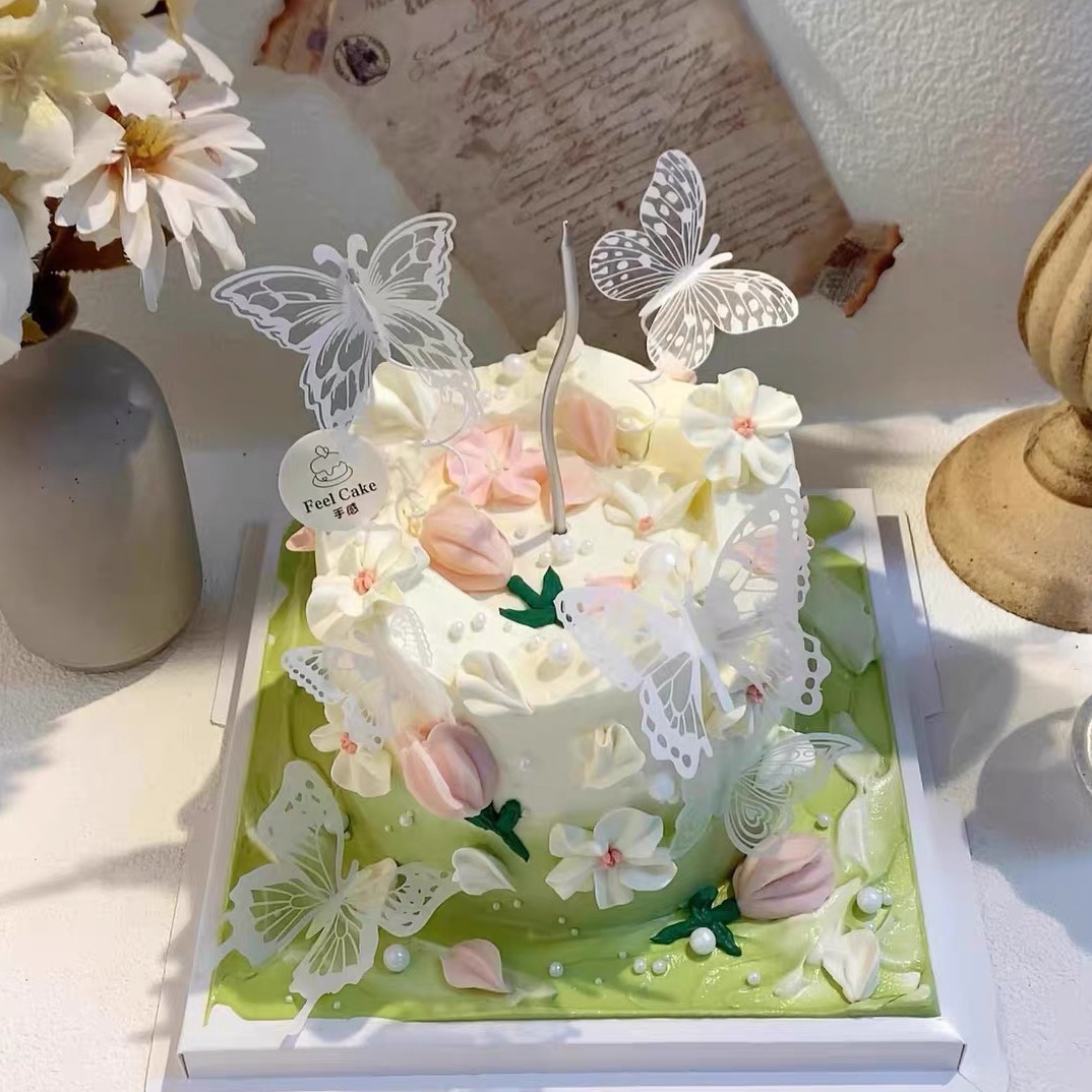 仙女蛋糕装饰唯美山谷风蝴蝶插件ins郁金香刮刀花女神生日装扮