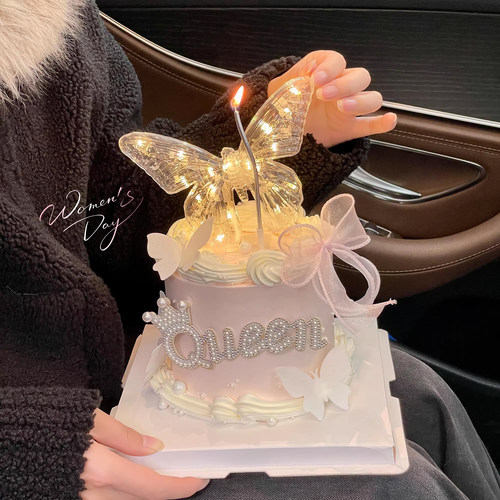 3.8女神节蛋糕装饰网红发光蝴蝶灯摆件三八妇女节钻石queen插件