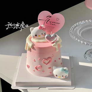 214情人节kitty蛋糕装饰摆件卡通KT猫情侣告白爱心love蜡烛插件