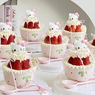 2026网红新年跨年圣诞节蛋糕装 饰陶瓷草莓碗 饰kt猫奶油碗蛋糕装