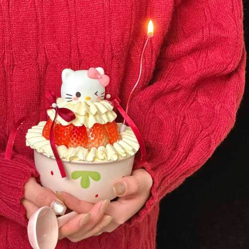 2026圣诞节新年跨年蛋糕装饰摆件奶油碗草莓碗kt猫抱抱碗陶瓷碗