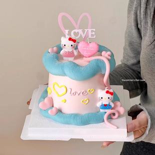 214情人节kitty蛋糕装饰摆件卡通kt猫蜡烛情侣告白爱心love插件