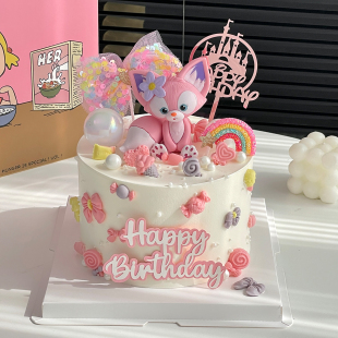 粉色玲娜贝儿蛋糕装饰摆件小狐狸川沙妲己女孩生日网纱蝴蝶结插件