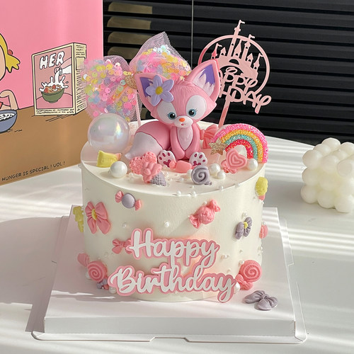粉色玲娜贝儿蛋糕装饰摆件小狐狸川沙妲己女孩生日网纱蝴蝶结插件