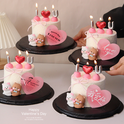 2.14情人节抱抱小熊蛋糕装饰品摆件情侣告白爱心蜡烛love卡片插牌