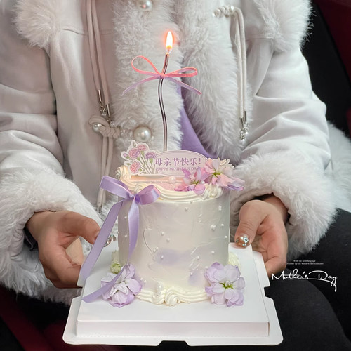 2026母亲节紫色鲜花蛋糕装饰插牌妈妈节日快乐蝴蝶结丝带装扮插件