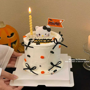 2025万圣节网红猫咪蛋糕装饰摆件蝴蝶结丝带Halloween小旗子插件