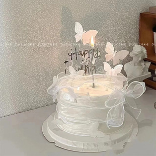 白色糯米纸威化蝴蝶蛋糕装饰插件蜡烛仙女生日快乐插牌鱼尾纱丝带