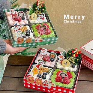 2025圣诞节蛋糕装饰小熊兔四拼手提包装盒卡通4宫格甜品打包盒子