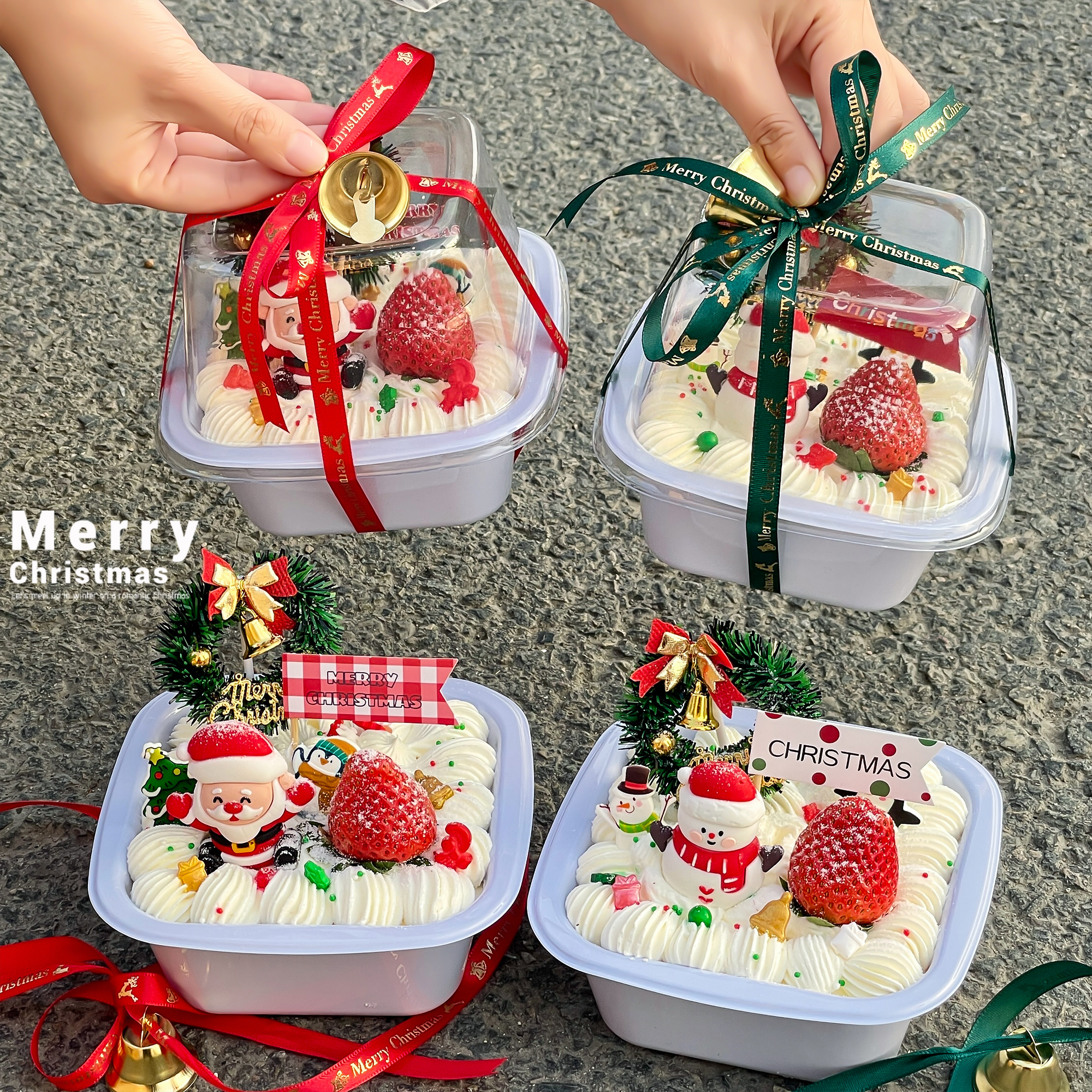 2025圣诞节4寸透明便当盒蛋糕装饰插件圣诞老人雪人甜品包装盒子