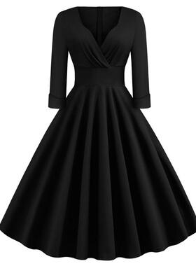 怀旧经典时尚V领长袖秋季赫本风黑色大摆连衣裙派对表演出服欧美